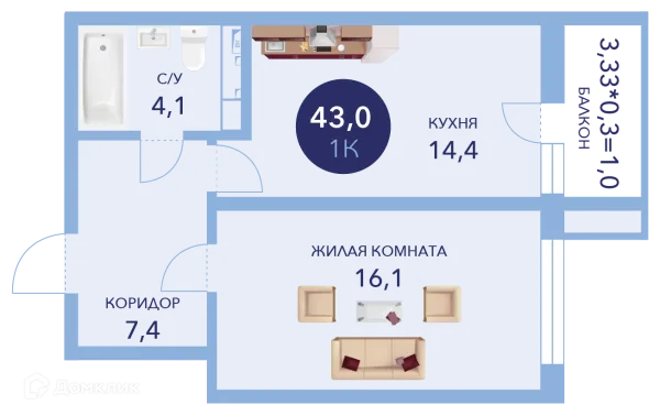 Планировка 1 комн. в ЖК "Два Адмирала"