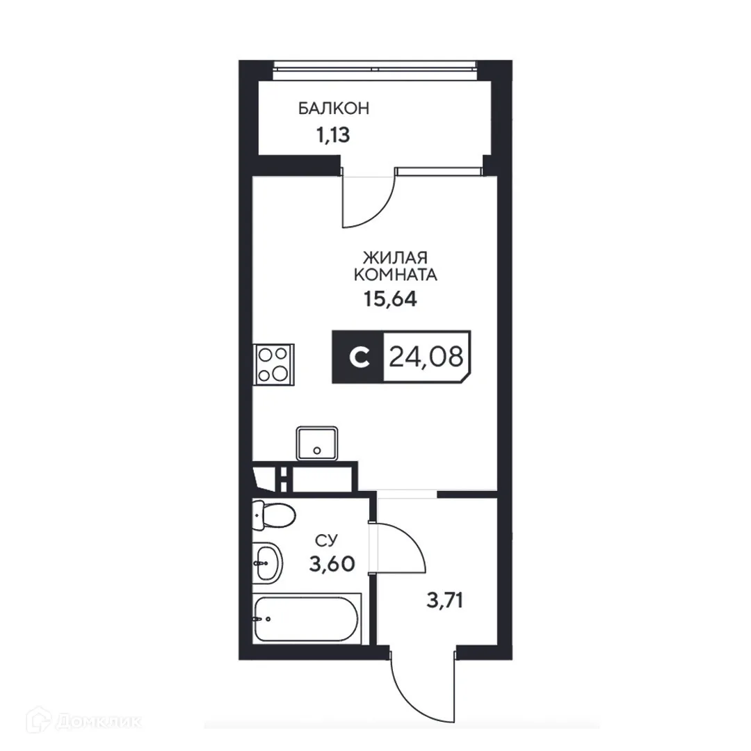 Планировка студии квартиры 24.08 м² в ЖК"Центральный", г. Анапа — фото 1
