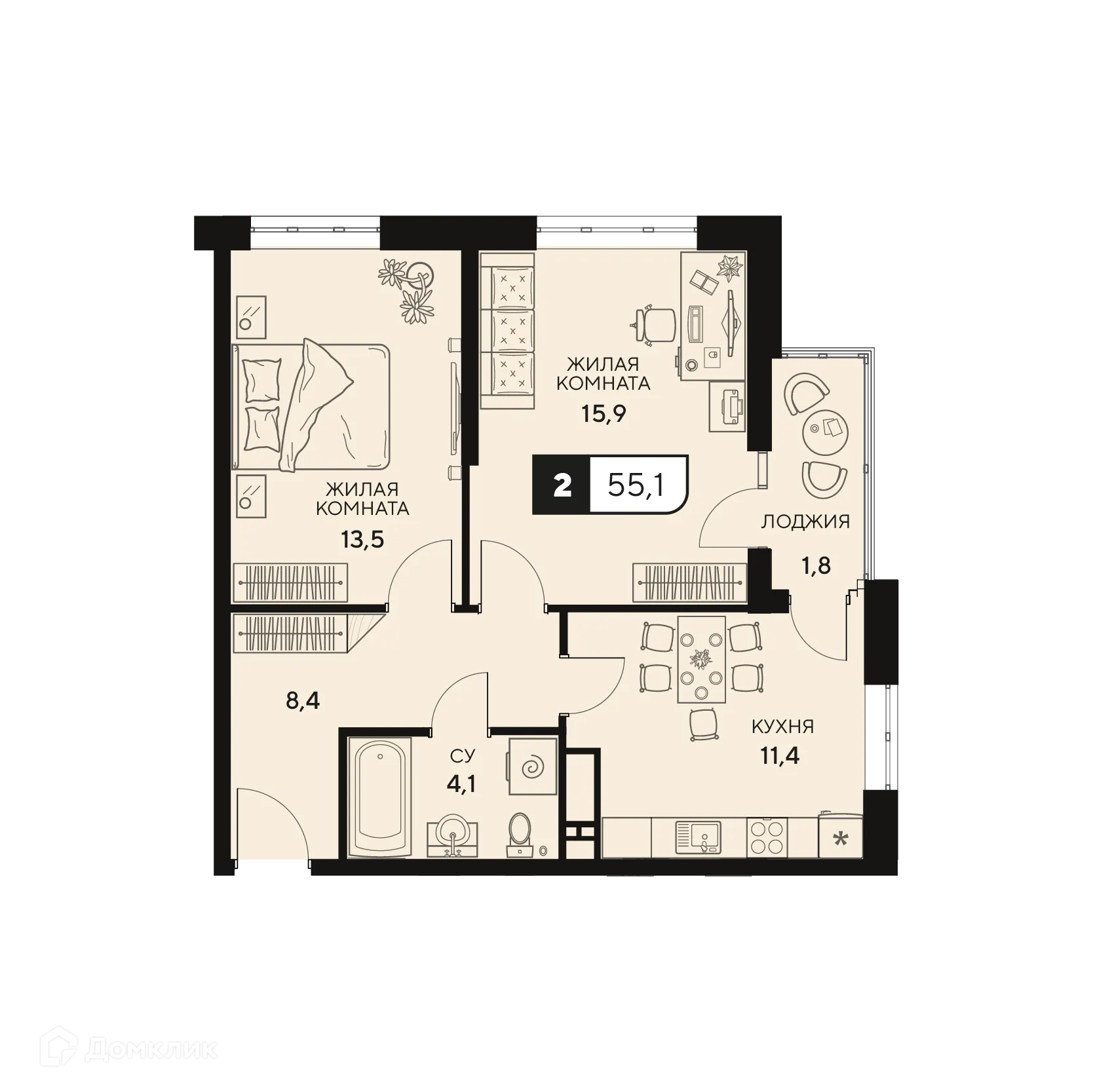 Планировка 2-комнатной квартиры 55.1 м² в ЖК Жилой комплекс "18/3", г. Анапа — фото 1