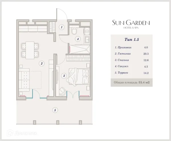 Планировка 2 комн. в ЖК Гостиничный комплекс Sun Garden Hotel SPA (Сан Гардэн Хотэл СПА)