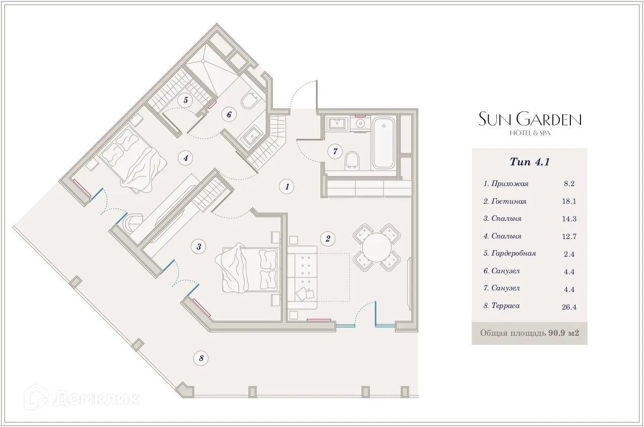 Планировка 3-комнатной квартиры 90.8 м² в ЖК Гостиничный комплекс Sun Garden Hotel SPA (Сан Гардэн Хотэл СПА), г. Анапа — фото 1