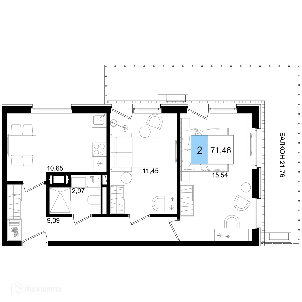 Планировка 2-комнатной квартиры 71.46 м² в ЖК Гостиничный комплекс "Корсаков", г. Анапа — фото 1