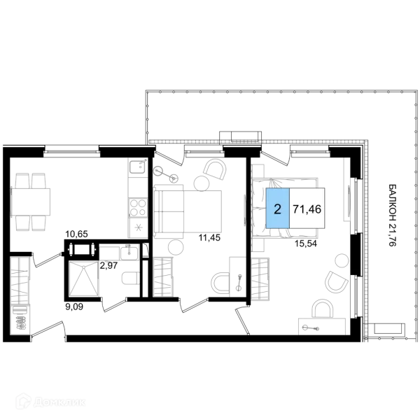 Планировка 2 комн. в ЖК Гостиничный комплекс "Корсаков"
