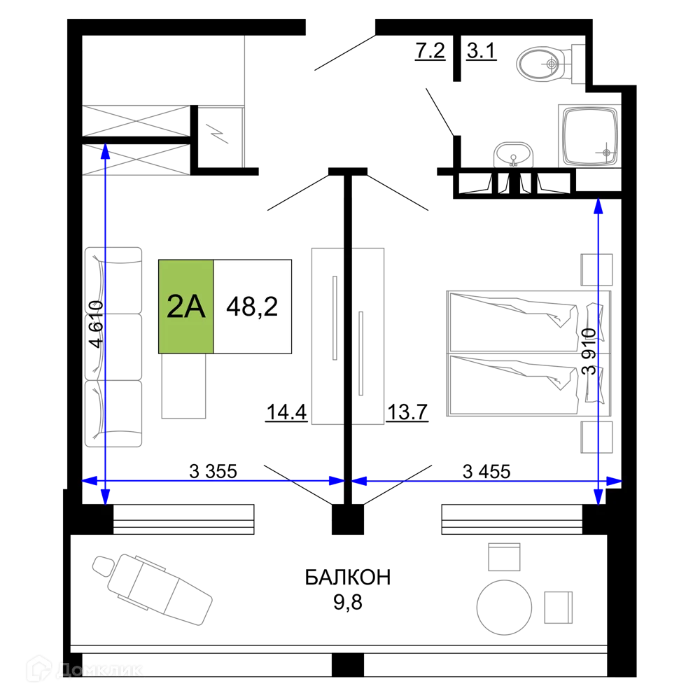 Планировка 2-комнатной квартиры 48.2 м² в ЖК Гостиничный комплекс «Мореград», г. Анапа — фото 1