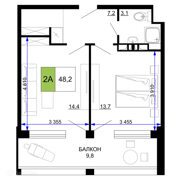 Планировка 2 комн. в ЖК Гостиничный комплекс «Мореград»