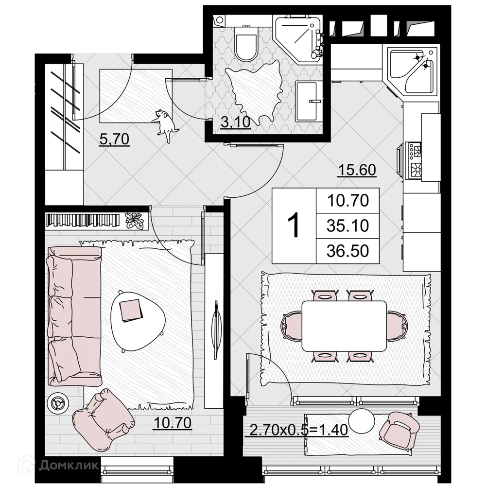 Планировка 1-комнатной квартиры 36.5 м² в ЖК Песчаный, г. Анапа — фото 1