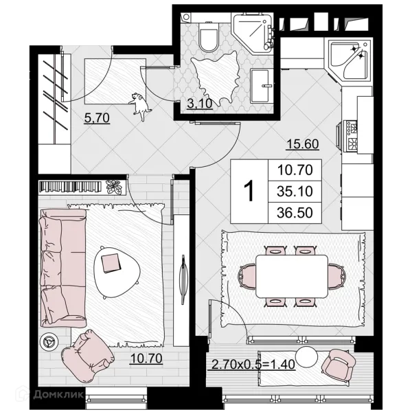 Планировка 1 комн. в ЖК Песчаный