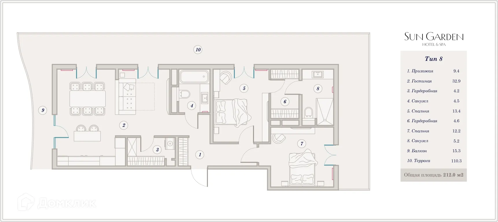 Планировка 3-комнатной квартиры 143.4 м² в ЖК Гостиничный комплекс Sun Garden Hotel SPA (Сан Гардэн Хотэл СПА), г. Анапа — фото 1