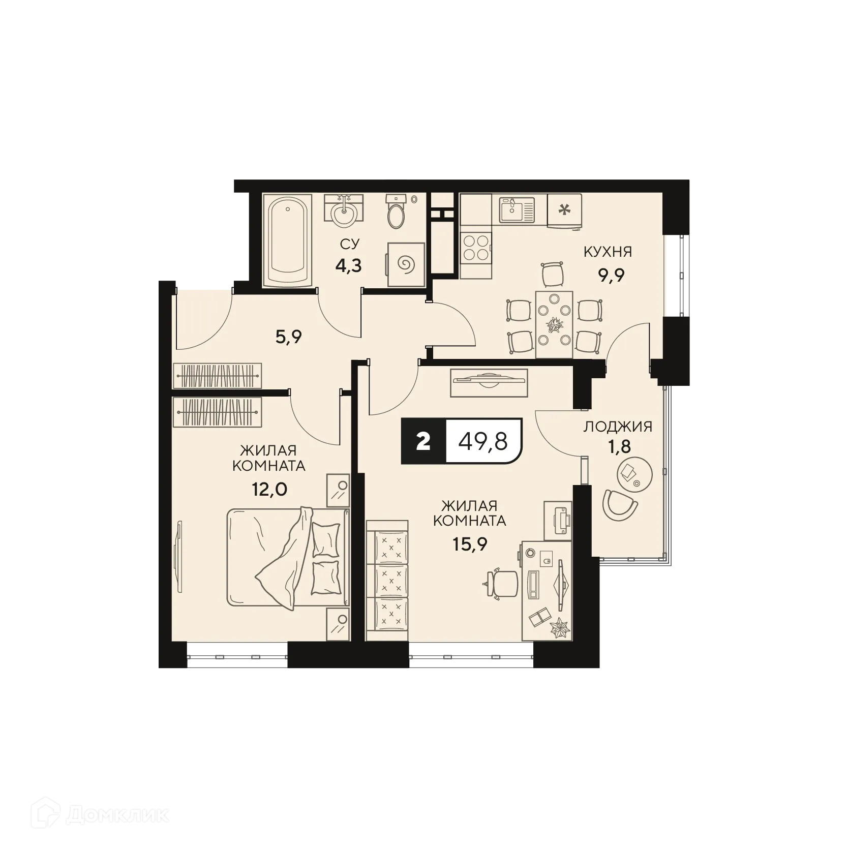 Планировка 2-комнатной квартиры 49.8 м² в ЖК Жилой комплекс "18/3", г. Анапа — фото 1