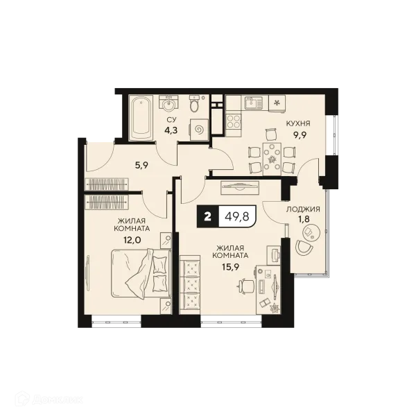 Планировка 2 комн. в ЖК Жилой комплекс "18/3"