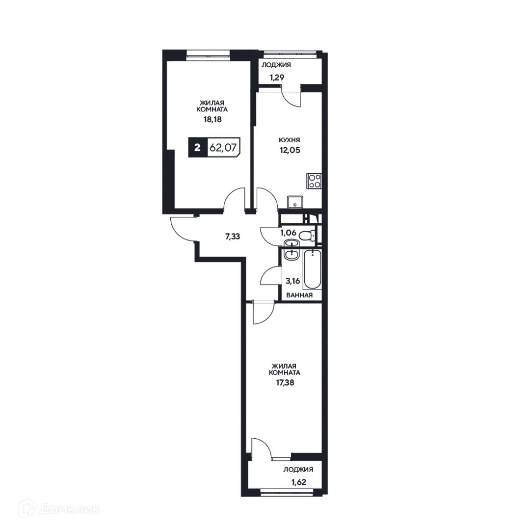 Планировка 2-комнатной квартиры 62.07 м² в ЖК"Центральный", г. Анапа — фото 1