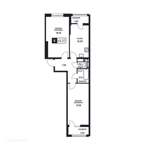 Планировка 2 комн. в ЖК"Центральный"