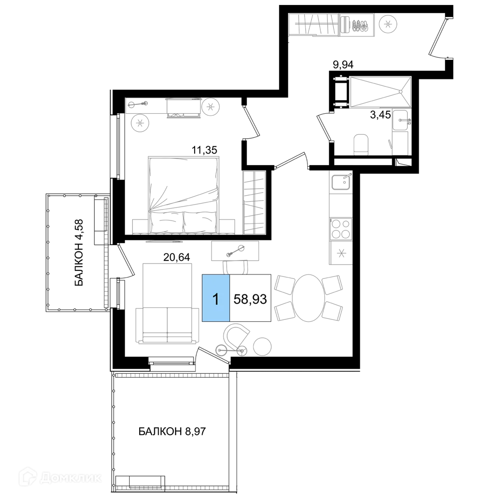 Планировка 1-комнатной квартиры 58.93 м² в ЖК Гостиничный комплекс "Корсаков", г. Анапа — фото 1