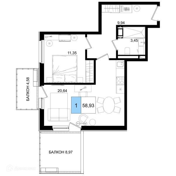 Планировка 1 комн. в ЖК Гостиничный комплекс "Корсаков"