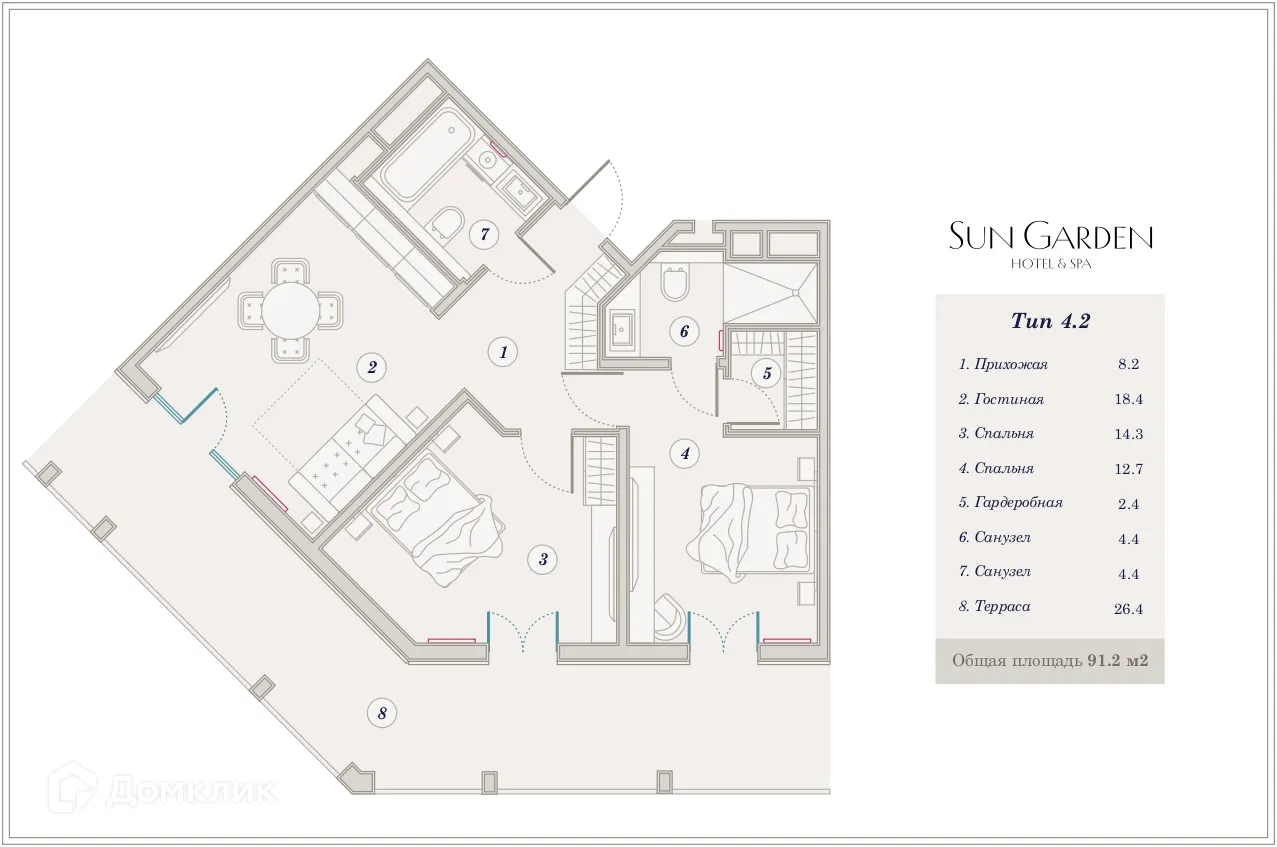 Планировка 3-комнатной квартиры 91.2 м² в ЖК Гостиничный комплекс Sun Garden Hotel SPA (Сан Гардэн Хотэл СПА), г. Анапа — фото 1