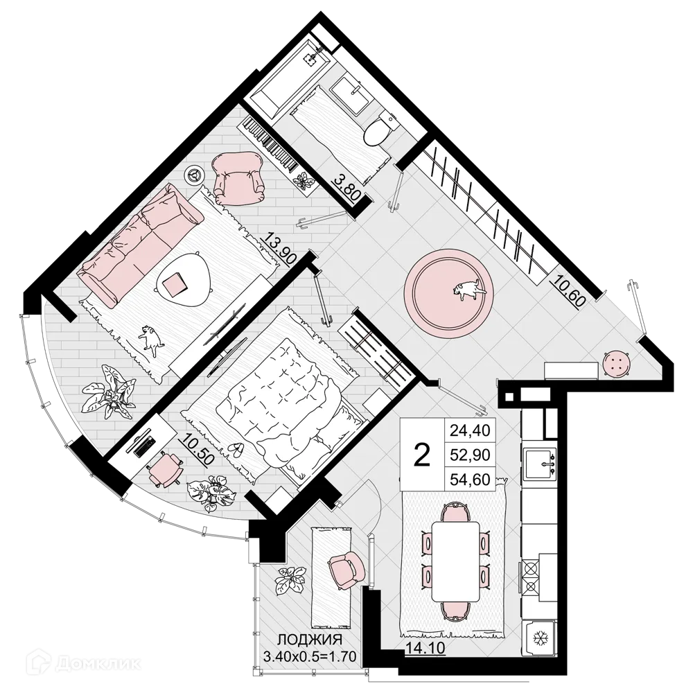 Планировка 2-комнатной квартиры 54.6 м² в ЖК Песчаный, г. Анапа — фото 1