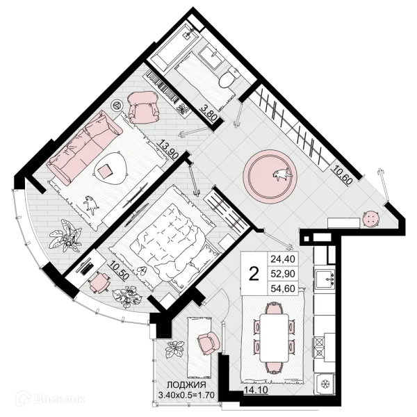 Планировка 2 комн. в ЖК Песчаный