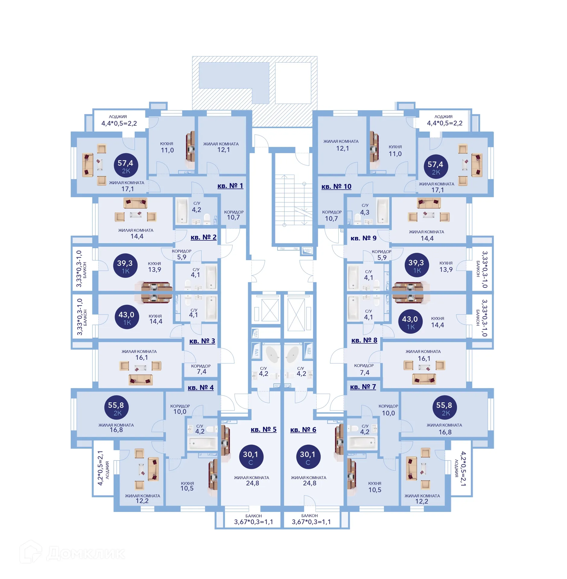 Планировка 2-комнатной квартиры 55.8 м² в ЖК "Два Адмирала", г. Анапа — фото 3