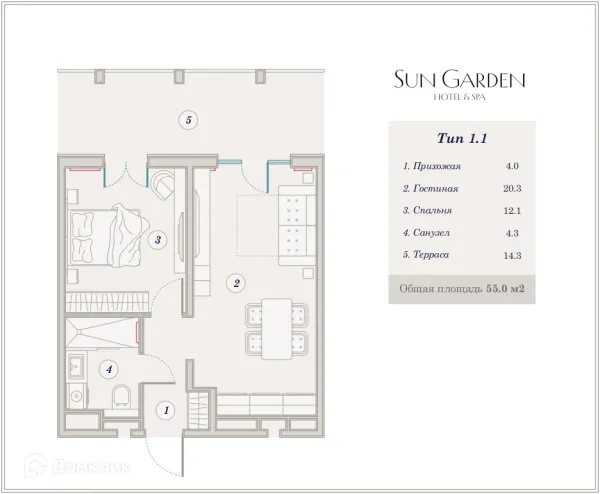 Планировка 2 комн. в ЖК Гостиничный комплекс Sun Garden Hotel SPA (Сан Гардэн Хотэл СПА)
