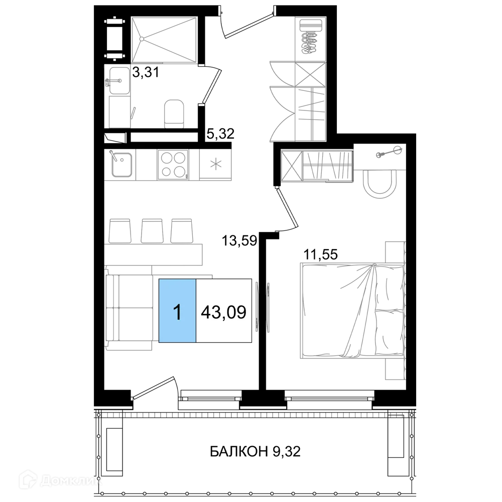 Планировка 1-комнатной квартиры 43.09 м² в ЖК Гостиничный комплекс "Корсаков", г. Анапа — фото 1
