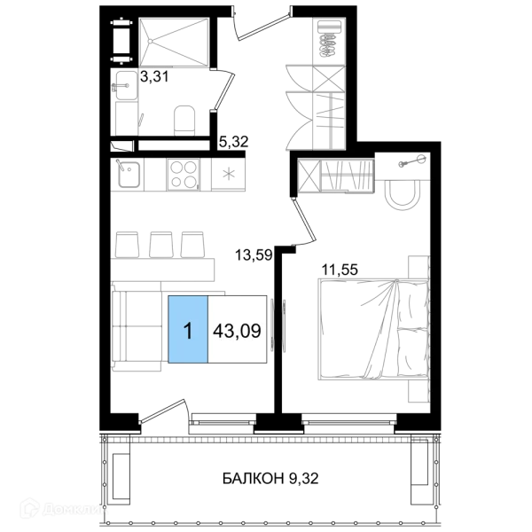 Планировка 1 комн. в ЖК Гостиничный комплекс "Корсаков"