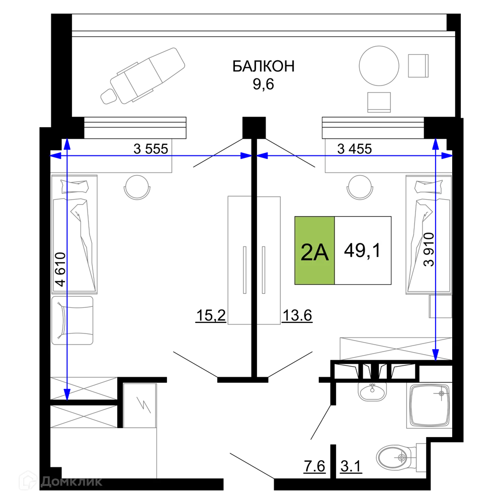 Планировка 2-комнатной квартиры 49.1 м² в ЖК Гостиничный комплекс «Мореград», г. Анапа — фото 1