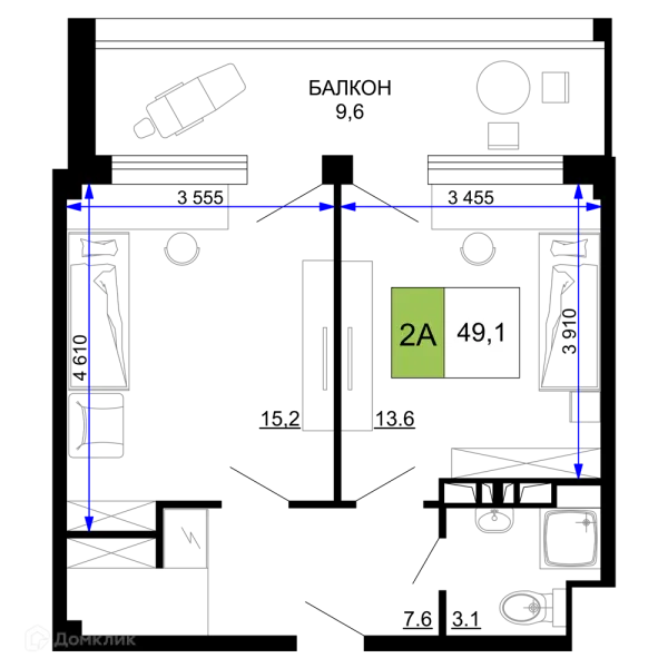 Планировка 2 комн. в ЖК Гостиничный комплекс «Мореград»