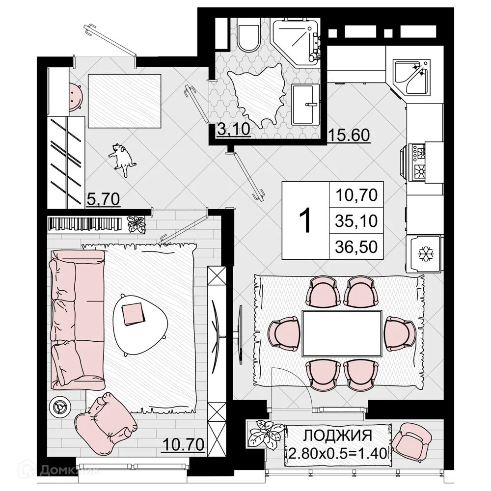 Планировка 1-комнатной квартиры 36.5 м² в ЖК Песчаный, г. Анапа — фото 1