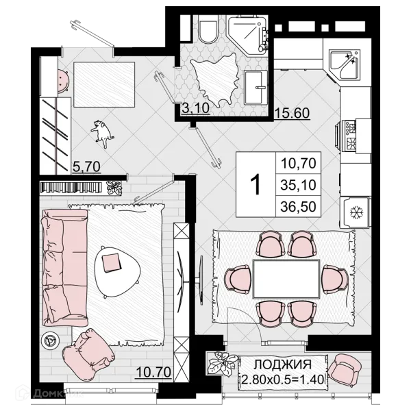 Планировка 1 комн. в ЖК Песчаный