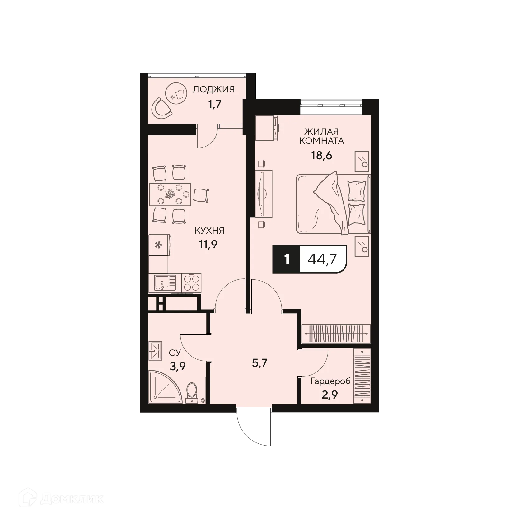Планировка 1-комнатной квартиры 44.7 м² в ЖК Жилой комплекс "18/3", г. Анапа — фото 1
