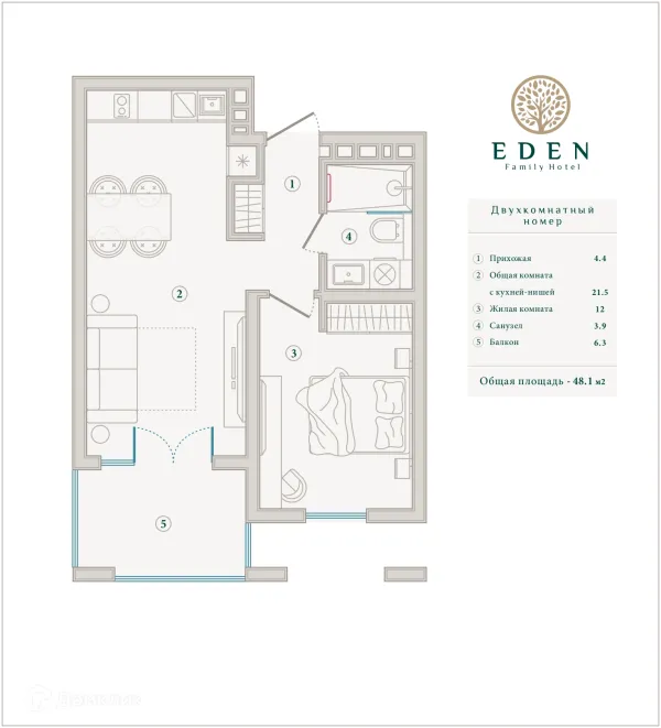 Планировка 1 комн. в ЖК ГК ЭДЕН