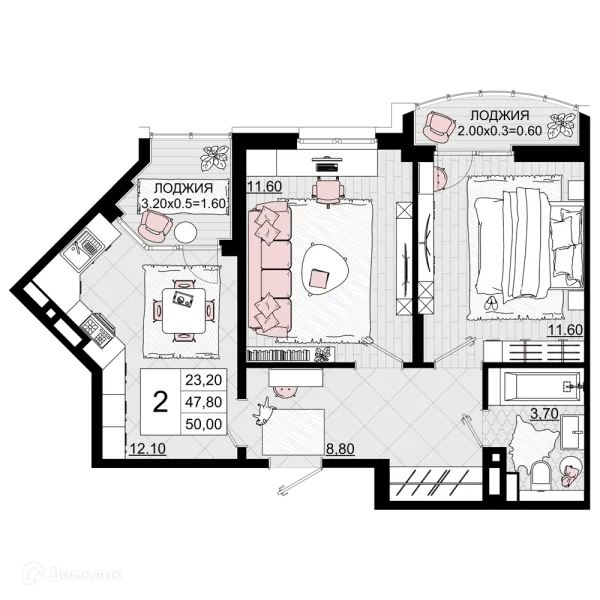 Планировка 2 комн. в ЖК Песчаный