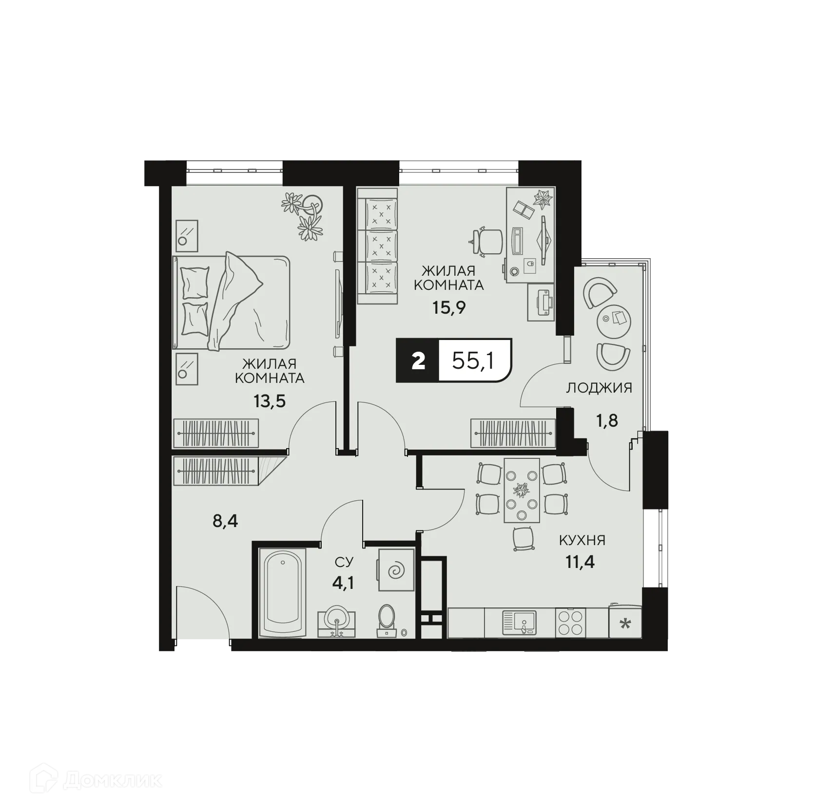 Планировка 2-комнатной квартиры 55.1 м² в ЖК Жилой комплекс "18/3", г. Анапа — фото 1