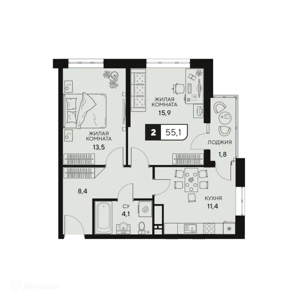 Планировка 2 комн. в ЖК Жилой комплекс "18/3"