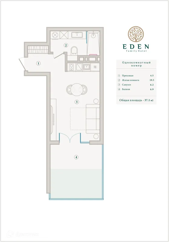 Планировка 1 комн. в ЖК ГК ЭДЕН