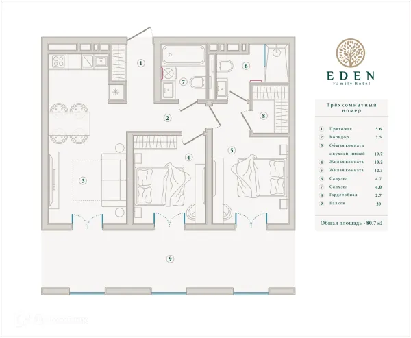 Планировка 1 комн. в ЖК ГК ЭДЕН