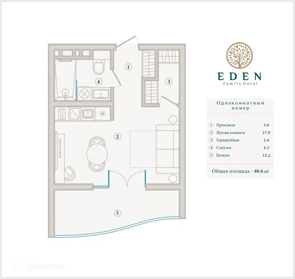 Планировка 1 комн. в ЖК ГК ЭДЕН