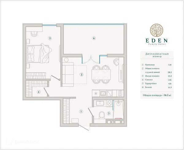 Планировка 1 комн. в ЖК ГК ЭДЕН