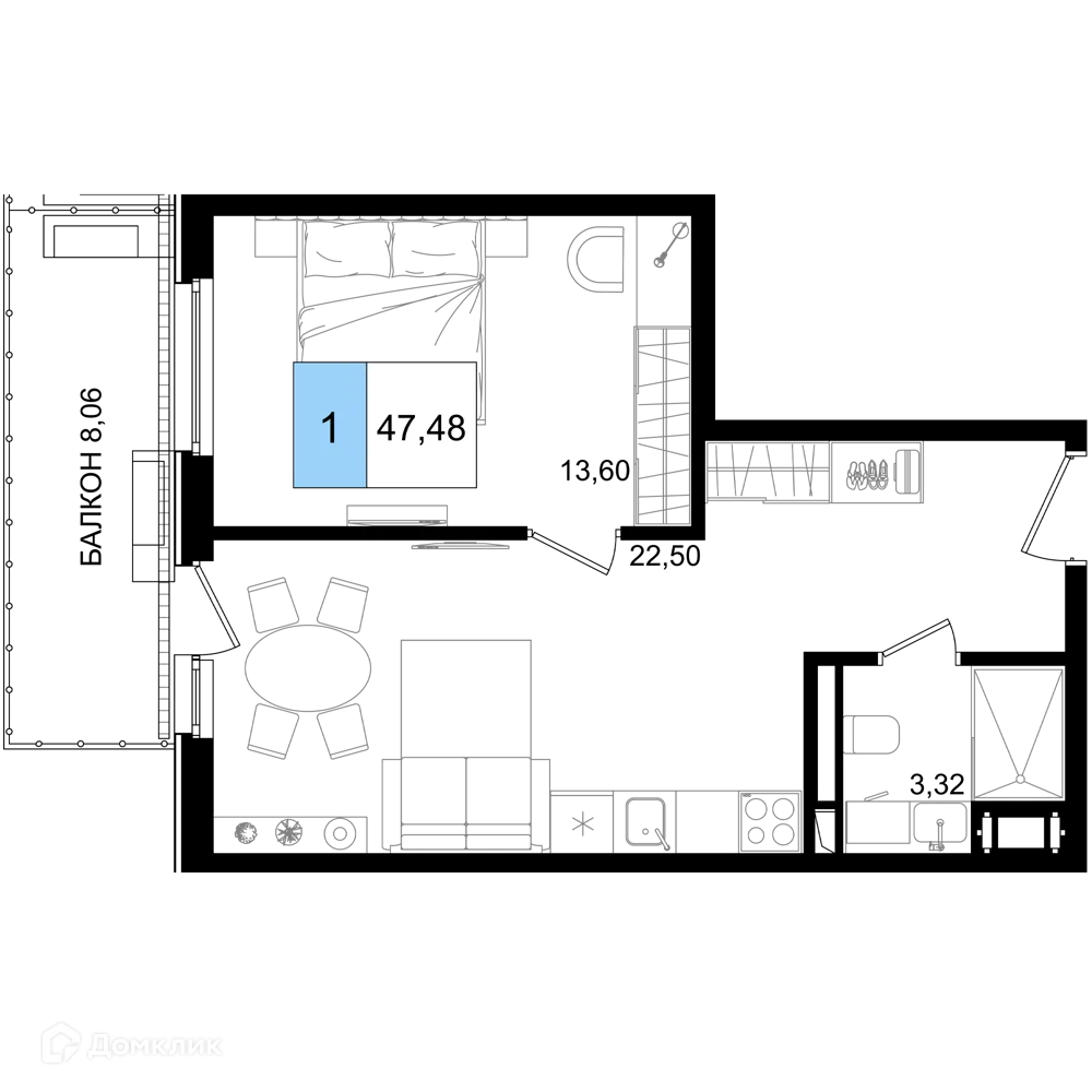 Планировка 1-комнатной квартиры 47.48 м² в ЖК Гостиничный комплекс "Корсаков", г. Анапа — фото 1