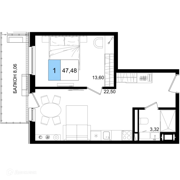 Планировка 1 комн. в ЖК Гостиничный комплекс "Корсаков"