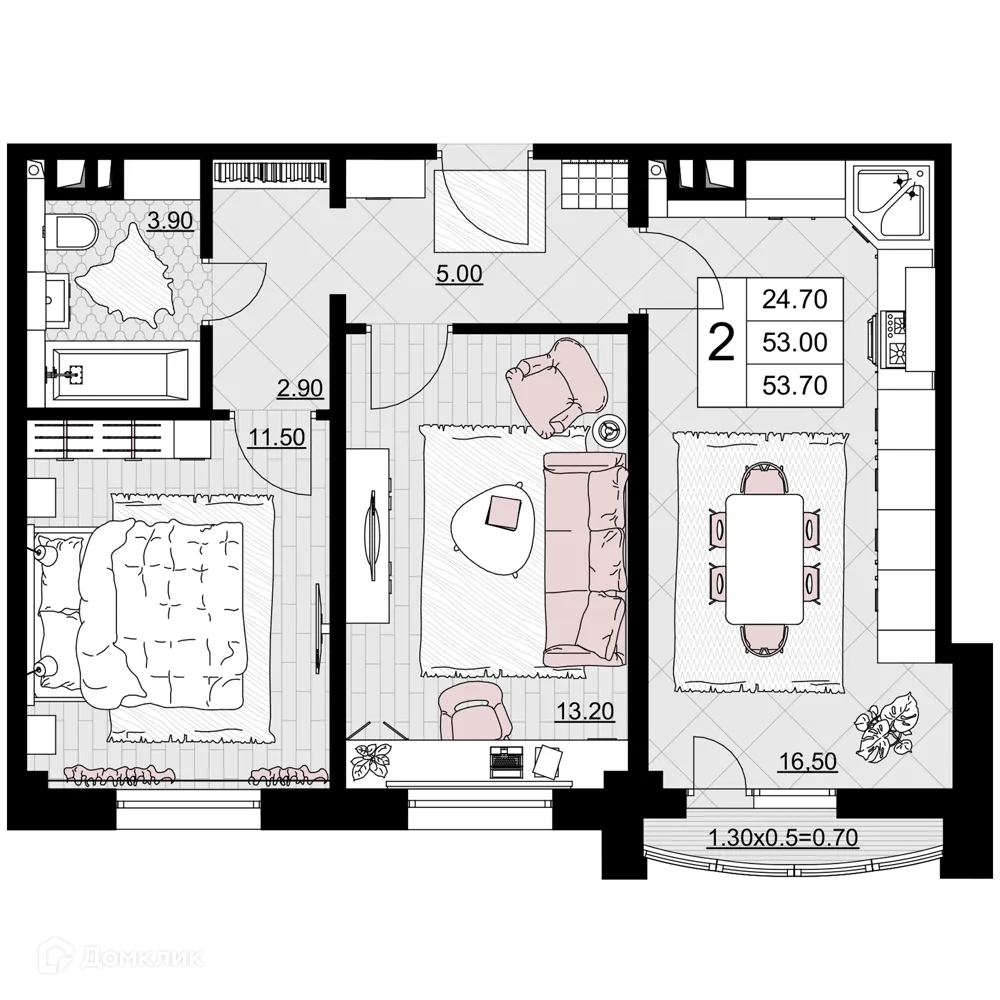 Планировка 2-комнатной квартиры 53.7 м² в ЖК Песчаный, г. Анапа — фото 1