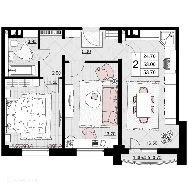 Планировка 2 комн. в ЖК Песчаный