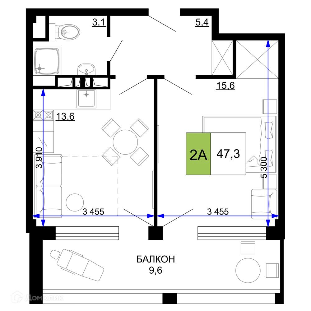 Планировка 2-комнатной квартиры 47.3 м² в ЖК Гостиничный комплекс «Мореград», г. Анапа — фото 1
