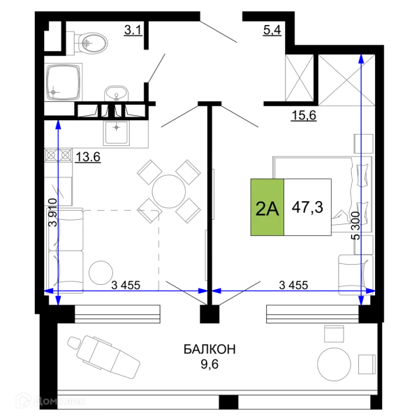 Планировка 2 комн. в ЖК Гостиничный комплекс «Мореград»