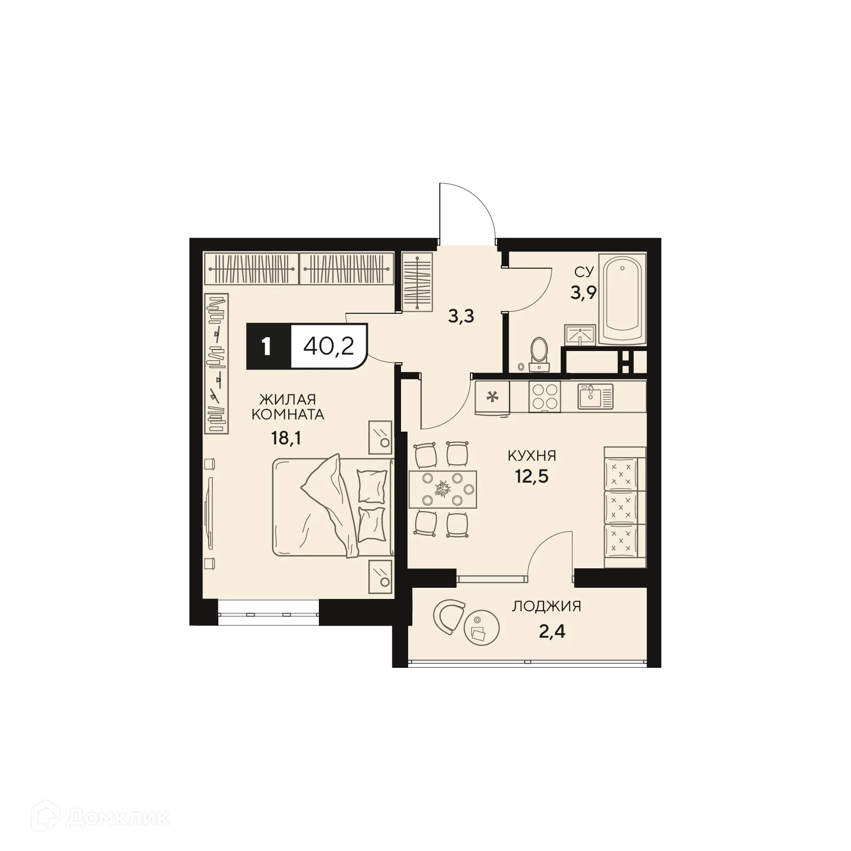 Планировка 1-комнатной квартиры 40.2 м² в ЖК Жилой комплекс "18/3", г. Анапа — фото 1