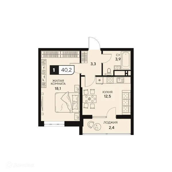 Планировка 1 комн. в ЖК Жилой комплекс "18/3"
