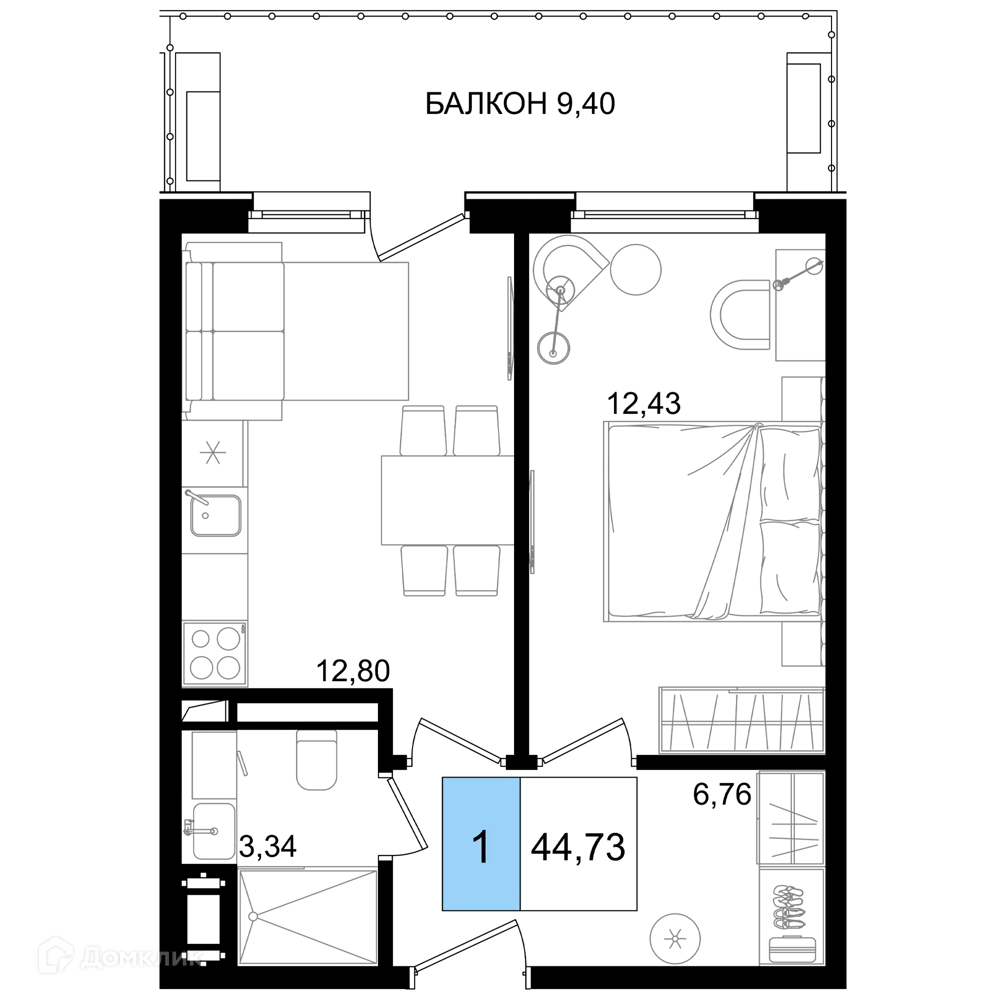 Планировка 1-комнатной квартиры 44.73 м² в ЖК Гостиничный комплекс "Корсаков", г. Анапа — фото 1