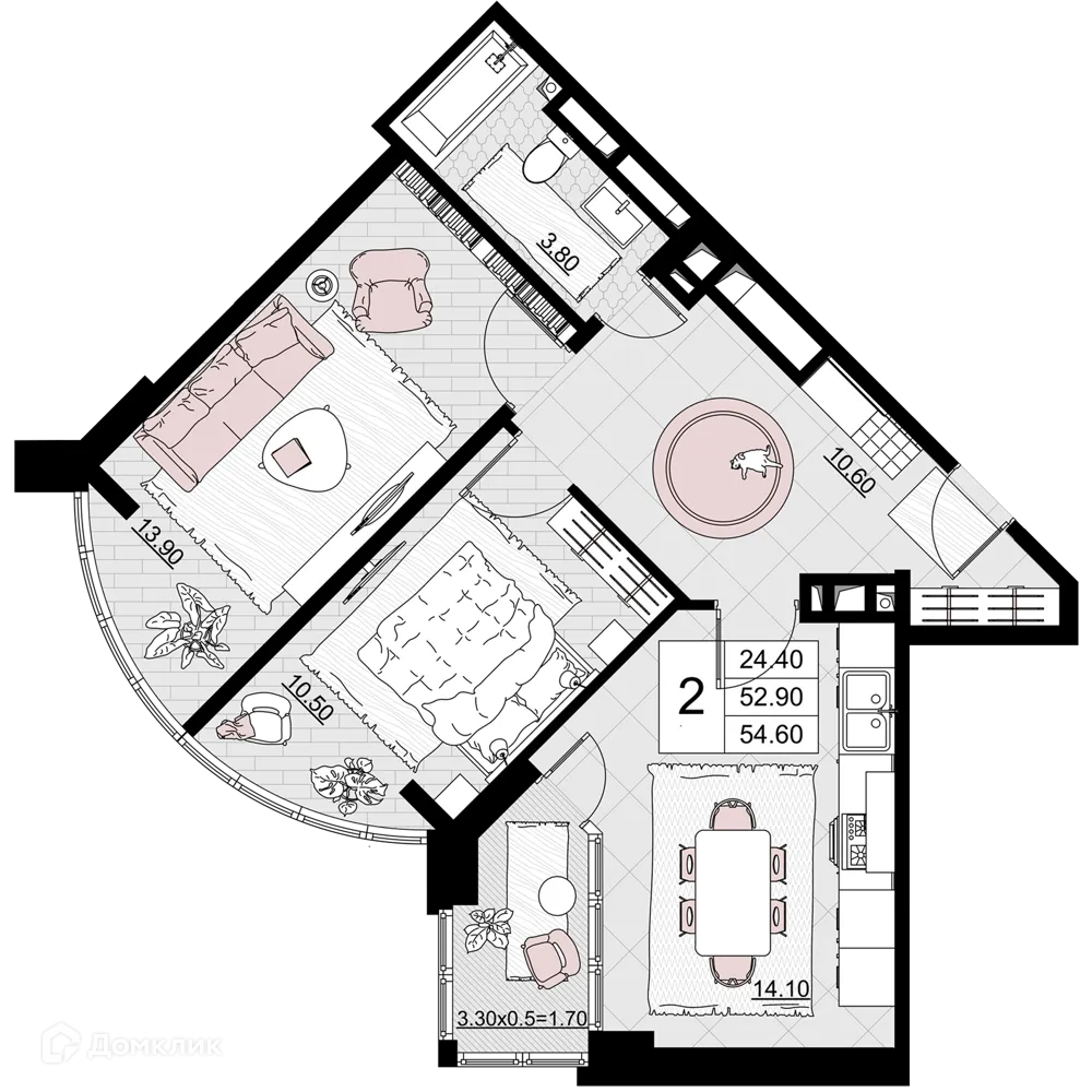Планировка 2-комнатной квартиры 54.6 м² в ЖК Песчаный, г. Анапа — фото 1