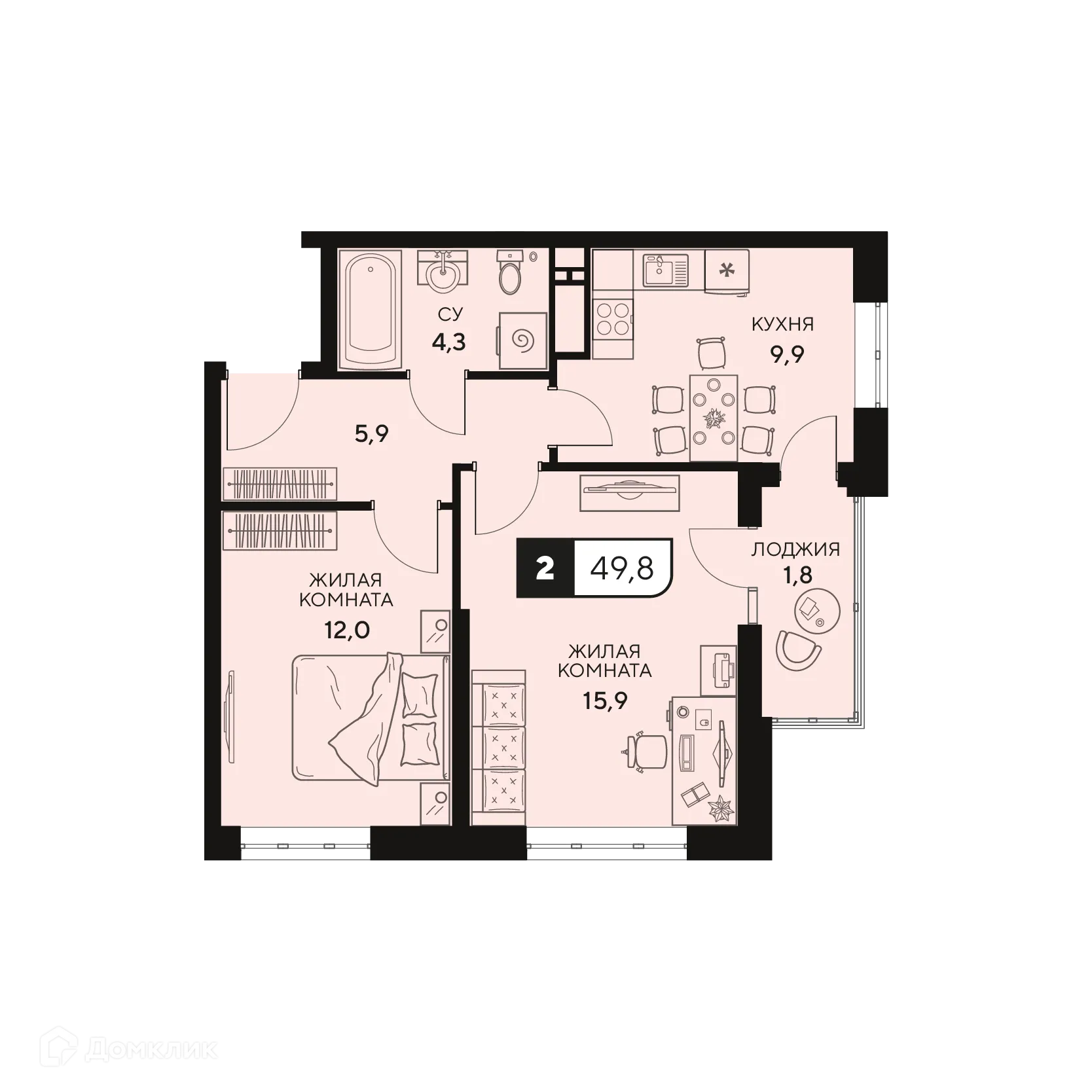 Планировка 2-комнатной квартиры 49.8 м² в ЖК Жилой комплекс "18/3", г. Анапа — фото 1