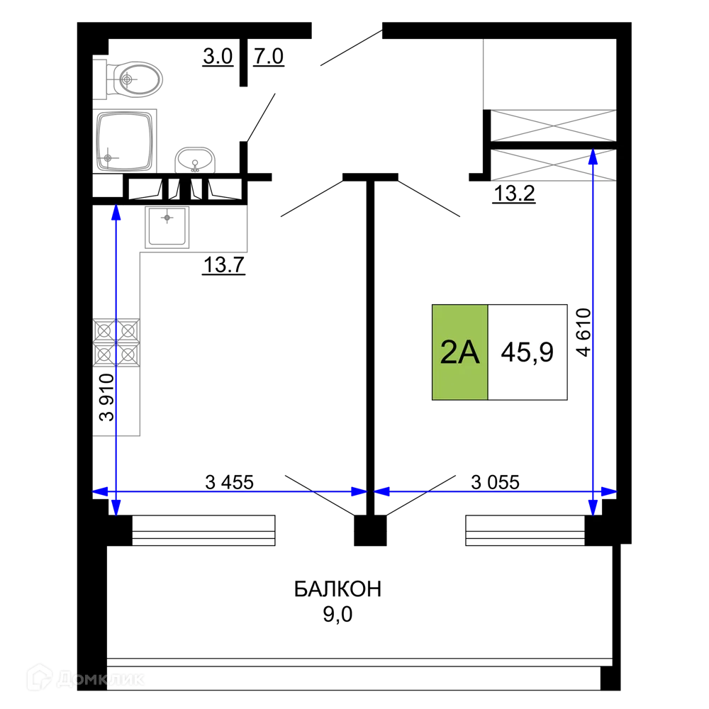 Планировка 2-комнатной квартиры 45.9 м² в ЖК Гостиничный комплекс «Мореград», г. Анапа — фото 1